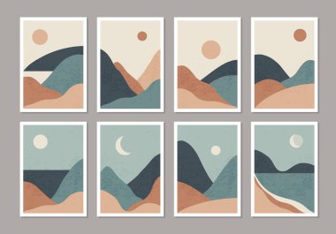 Bir dizi modaya uygun minimalist manzara soyut çağdaş kolajlar, dağlar göl batımı duvar resmi poster tasarımı