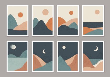 Bir dizi modaya uygun minimalist manzara soyut çağdaş kolajlar, dağlar göl batımı duvar resmi poster tasarımı