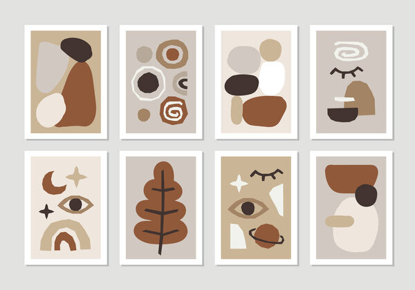 Набор минимальных плакатов с абстрактной композицией органических форм в модном современном стиле коллажа, может быть использован в качестве флаера, открытки, брошюры, поста в социальных сетях
