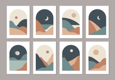 Bir dizi modaya uygun minimalist manzara soyut çağdaş kolajlar, dağlar göl batımı duvar resmi poster tasarımı