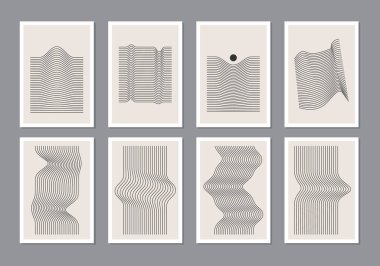 Duvar dekorasyonu, poster veya broşür tasarımı, vektör illüstrasyonları için ideal, modaya uygun, soyut estetik yaratıcı minimalist geometrik kompozisyon seti