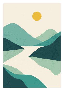 Moda minimalist peyzaj soyut modern kolajlar, dağ gölü günbatımı duvar resmi poster tasarımı