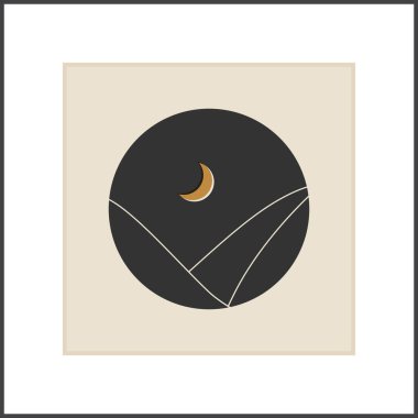 Moda minimalist manzara. Yüzyılın ortalarında soyut sanat eserleri, dağlarda göl kenarı gece duvar resimleri poster tasarımları.