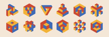 Minimum 3D geometrik tasarım elemets seti, ilkel şekilli vektör şablonu