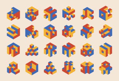 Minimum 3D geometrik tasarım elemets seti, ilkel şekilli vektör şablonu