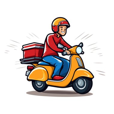 Sarı scooter kullanan teslimatçı, paketi müşteriye teslim et. Çizgi film çizimi. Vektör illüstrasyonu beyaz arkaplanda izole edildi