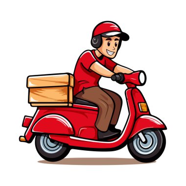 Kırmızı scooter kullanan bir teslimatçı. Çizgi film çizimi. Vektör illüstrasyonu beyaz arkaplanda izole edildi