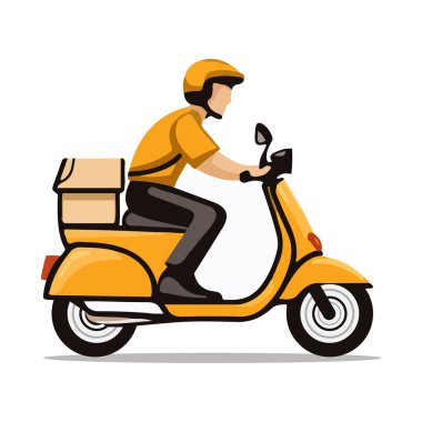 Beyaz arka planda izole edilmiş sarı scooter kullanan teslimatçı. Yemek teslimatçısı. Çizgi film tarzı. Vektör illüstrasyonu