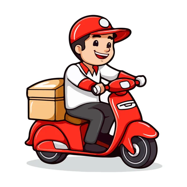Kırmızı scooter kullanan bir teslimatçı. Çizgi film çizimi. Vektör illüstrasyonu beyaz arkaplanda izole edildi