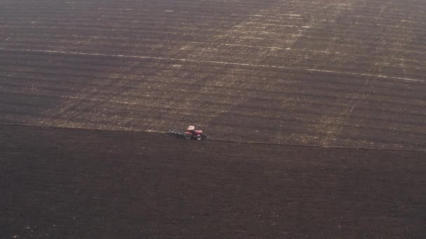 Культивация Плодородной Черноземной Земли Фермерский Трактор Вспахивает Поле Весной Посевной — стоковое видео