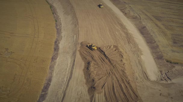 Road Construction Equipment Works Construction Site Bulldozer Prepares Sand Base — Wideo stockowe