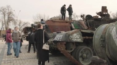 Wreckage of Russian military equipment that was destroyed during the 2023. Ruins stand as a reminder of Ukraines ongoing struggle for independence and freedom - March 01 2023, Kyiv, Ukraine