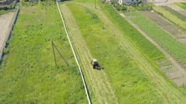 Eski traktör yaz günü yeşil olgun çimleri biçer. Hava aracı çekimi. Summer Haymaking traktör çim biçme makinesiyle. Traktör saman kurutmak için yeşil çim biçer - üst hava görüntüsü. 