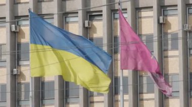 Zaporizhzhia 'daki belediye binası yakınlarında iki bayrak: Ukrayna bayrağı ve Zaporizhzhia şehri bayrağı..