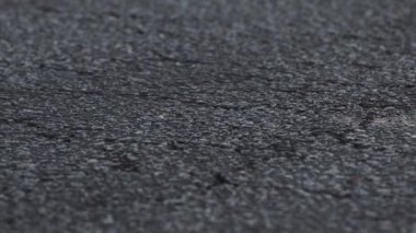 Bir asfalt yol yüzeyinin detaylı dokusunu ve pürüzlülüğünü gösteren yakın çekim videosu. Sahne karmaşık şablonları ve kusurları yakalıyor, arka plan veya kentsel temalar için ideal.