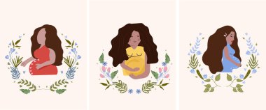 Çiçekleri ve yaprakları olan mutlu hamile kadın. Bir kadın bir çocuğun doğmasını bekliyor. Annelik, sağlık ve hamilelik kavramları. Vektör illüstrasyonu.