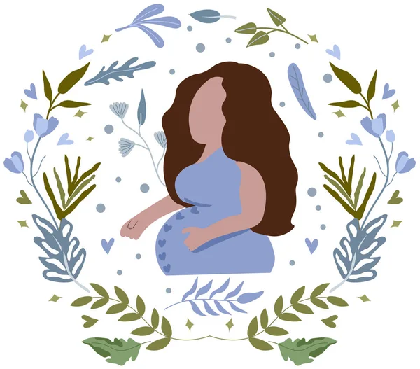 stock vector Happy pregnant woman holds her belly with nature background. A woman waiting for the birth of a child. Female character in flat style. Concept motherhood, pregnant. Vector illustration.