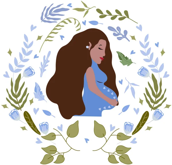 Szczęśliwa Kobieta Ciąży Tle Kwiatów Liści Kobieta Czekająca Narodziny Dziecka — Wektor stockowy