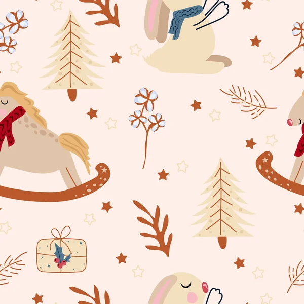 冬季无缝图案 有可爱的兔子戴围巾 摇曳的老马 圣诞树 明亮的浆果和花朵 图案可用于纺织 横幅等 — 图库矢量图片