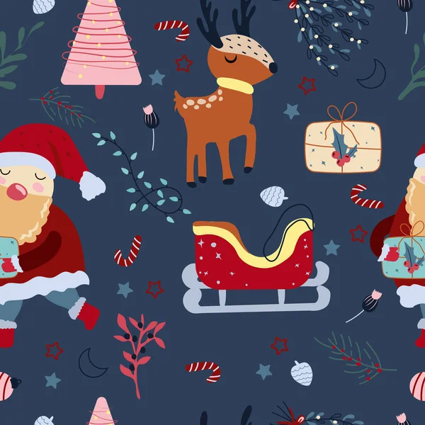 Зимова Безшовна Картина Гарним Оленем Шарфі Кумедна Санта Клаус Різдвяна — стоковий вектор