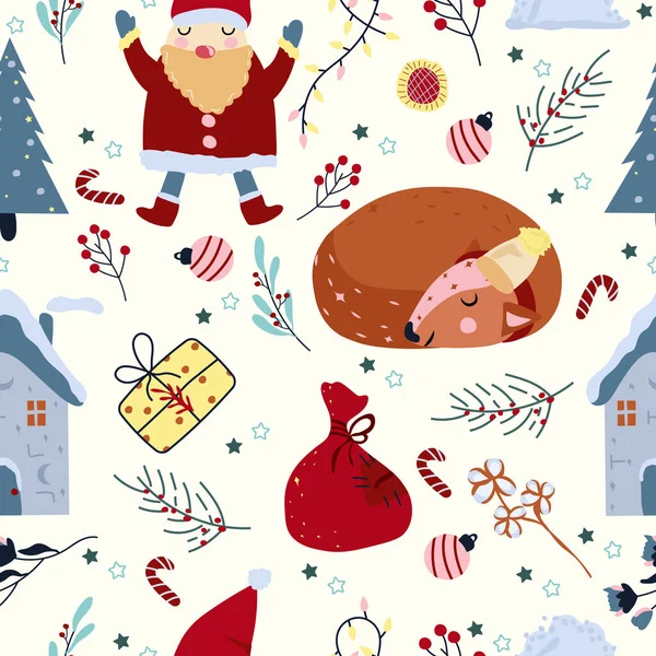 Зимовий Безшовний Візерунок Милим Сплячим Оленем Кумедними Санта Клаусом Різдвяним — стоковий вектор