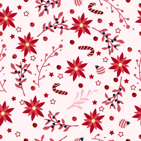 Świąteczne Wzory Bez Szwu Poinsettią Czerwonymi Liśćmi Cukierkami Jagodami Jasny — Wektor stockowy