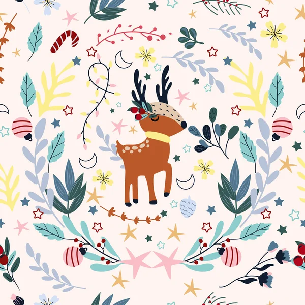 冬季无缝图案 披着围巾的搞笑鹿群 冬季花环 五彩斑斓的花朵和树叶 明亮的冬季图案可用作纺织品 横幅等 — 图库矢量图片