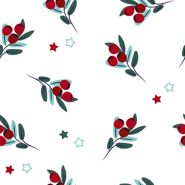Різдвяний Мінімалізм Безшовні Візерунки Гілкою Дерева Червоними Ягодами Яскравий Зимовий — стоковий вектор