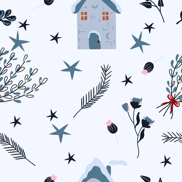 Zimní Bezešvé Vzory Vánoční Dům Jmelí Borovice Hvězdy Kolem Světlý — Stockový vektor