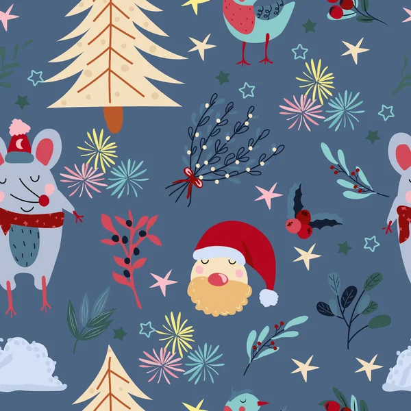 Зимовий Безшовний Візерунок Мишкою Шарфі Смішно Санта Клаус Птиця Ялинка — стоковий вектор