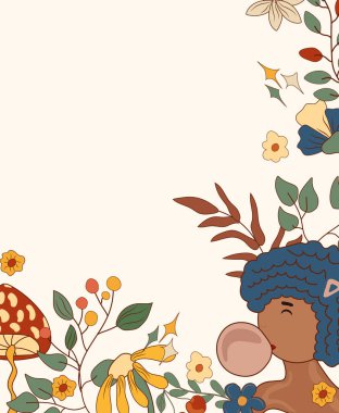 Renkli çelenkli, retro kızlı, mantarlı, yapraklı 70 'li yaşlarda pozitif kompozisyon. Psikedelik hippi sembolleri. Eski poster tebrik kartları, poster, kartpostal ve afiş için mükemmel. Vektör.