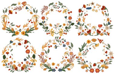 Renkli çiçekli, yapraklı, çilekli ve mantarlı 70 'li yılların çelenkleri. Eski tarz kompozisyon kartlar, posterler, kartpostallar ve afişler için mükemmel. Vektör