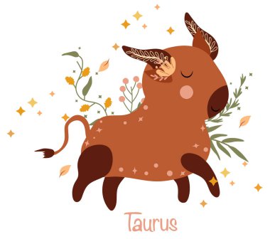 Boğa. Renkli yaprakları ve yıldızları olan sevimli bir burç. Tatlı Taurus posterler, logolar ve kartlar için mükemmel. Astrolojik Taurus burcu. Vektör illüstrasyonu.