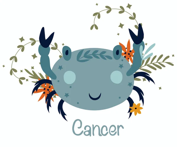 stock vector Cancer. Cute Zodiac sign with colorful leaves, flowers and stars around. Cute Cancer perfect for posters, logo, cards. Astrological Cancer zodiac. Vector illustration.