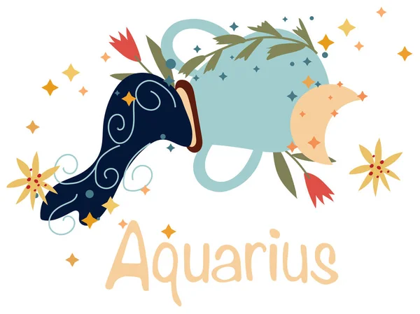 Signo Zodíaco Aquário Com Folhas Coloridas Estrelas Redor Astrological Aquarius — Vetor de Stock