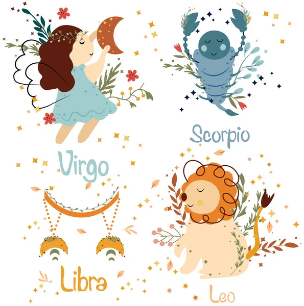 Zodiac Başak, Akrep, Aslan, Yapraklı Terazi, Renkli çiçekler ve etrafta yıldızlar. Astrolojik burç işaretleri posterler, logolar ve kartlar için mükemmel. Vektör illüstrasyonu.