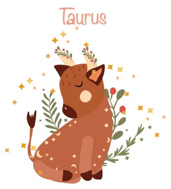 Taurus astrolojik işareti. Renkli yaprakları ve yıldızları olan sevimli bir burç. Tatlı Taurus posterler, logolar ve kartlar için mükemmel. Vektör illüstrasyonu.