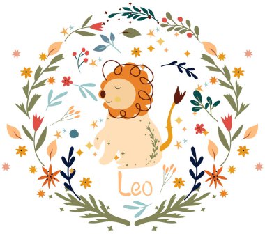 Leo! Yapraklardan, çiçeklerden ve yıldızlardan oluşan renkli bir çelenk içinde sevimli Zodiac. Sevimli Leo posterler, logolar ve kartlar için mükemmel. Astrolojik Leo Zodyak. Vektör illüstrasyonu.