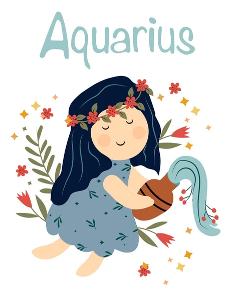 Aquarius Astrological Sign Funny Zodiac Sign Colorful Leaves Stars Aquarius — Stock Vector