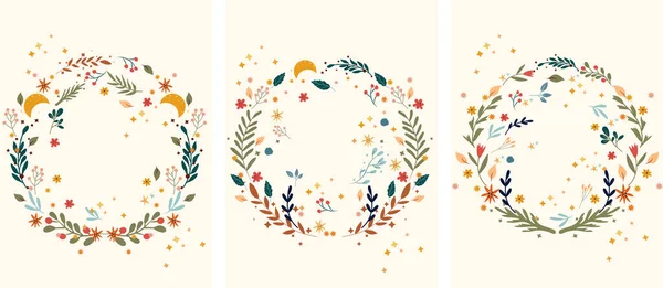 Vintage Floral Wreaths Colorful Flowers Leaves Moon Stars Bright Floral — Stock Vector