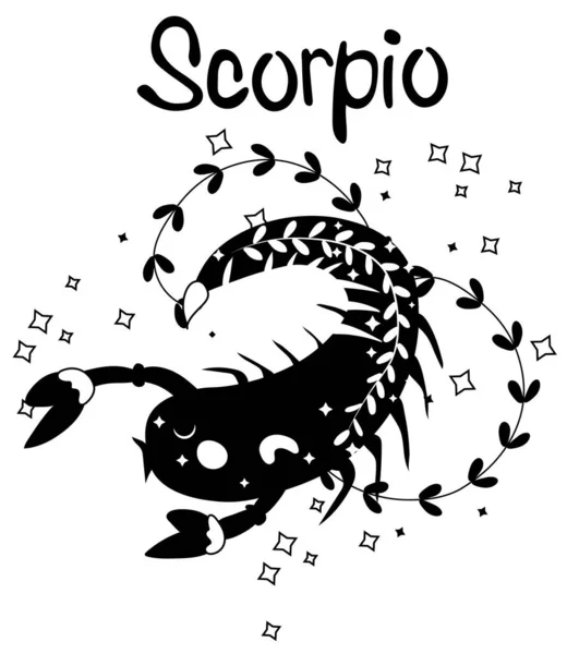 Schwarz Weißes Astrologisches Skorpion Zeichen Lustiges Sternzeichen Mit Bunten Blättern — Stockvektor