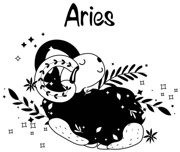 Aries Preto Branco Signo Astrológico Signo Bonito Zodíaco Com Folhas — Vetor de Stock