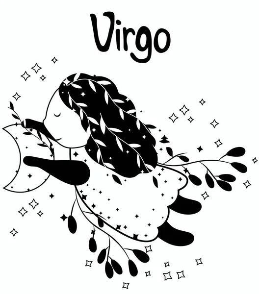Segno Astrologico Vergine Bianco Nero Carino Segno Zodiacale Con Foglie — Vettoriale Stock