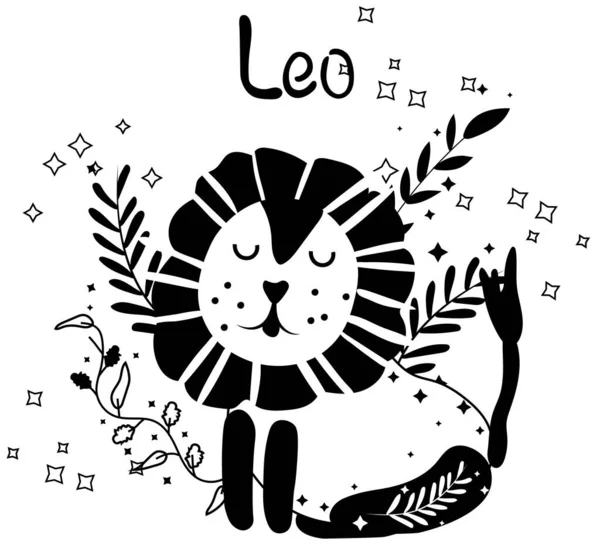 Zwart Wit Leo Astrologisch Teken Schattig Dierenriembord Met Kleurrijke Bladeren — Stockvector