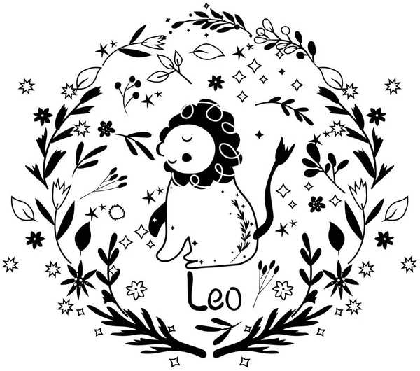 Siyah ve beyaz Leo. Yapraklardan, çiçeklerden ve yıldızlardan oluşan renkli bir çelenk içinde sevimli Zodiac. Sevimli Leo posterler, logolar ve kartlar için mükemmel. Astrolojik Leo Zodyak. Vektör illüstrasyonu.