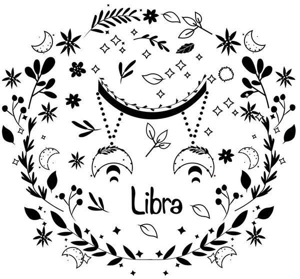 Blanco Negro Libra Zodíaco Con Una Colorida Corona Hojas Flores — Vector de stock