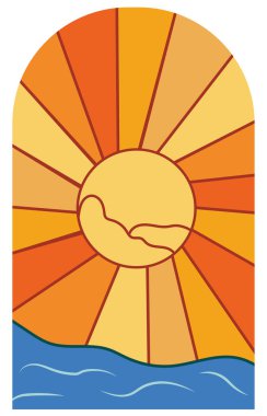 Gün batımı, denizi palmiye ağacıyla süslüyor. Arka planda gün doğumu. Klasik günbatımı posteri, simge ve semboller için mükemmel, poster, kartpostal, logo. Vektör illüstrasyonu