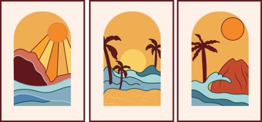 Deniz ve palmiye ağaçları olan klasik günbatımı. En düşük arkaplanı ayarla. Sabahın doğuşu, simge ve semboller için mükemmel poster, kartpostal, logo. Vektör illüstrasyonu