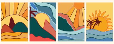 Deniz ve palmiye ağaçları olan klasik günbatımı. En düşük arkaplanı ayarla. Gün doğumu, simge ve semboller için mükemmel poster, kartpostal, logo. Vektör illüstrasyonu