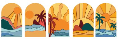 Minimal Günbatımı, denizi palmiye ağaçlarıyla süslüyor. Klasik arka plan gündoğumu sabah, simge ve semboller için mükemmel, poster, kartpostal, logo. Vektör illüstrasyonu